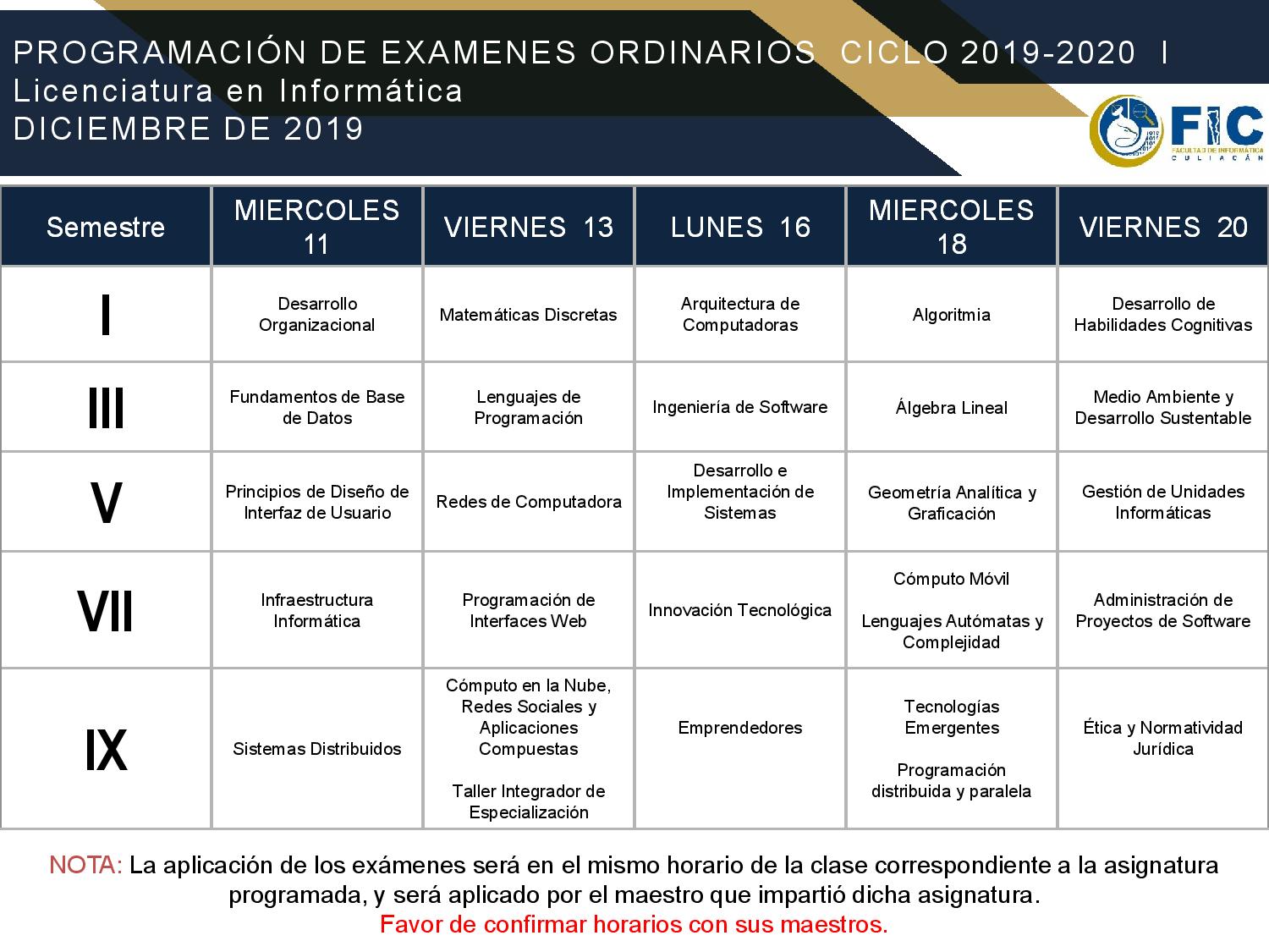 Calendario De Exámenes Ordinarios Ciclo 2019-2020 I – Facultad De ...