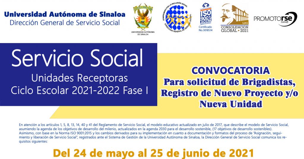 Inicia Convocatoria de Servicio Social Ciclo 2021-2022 Periodo I para Unidades Receptoras