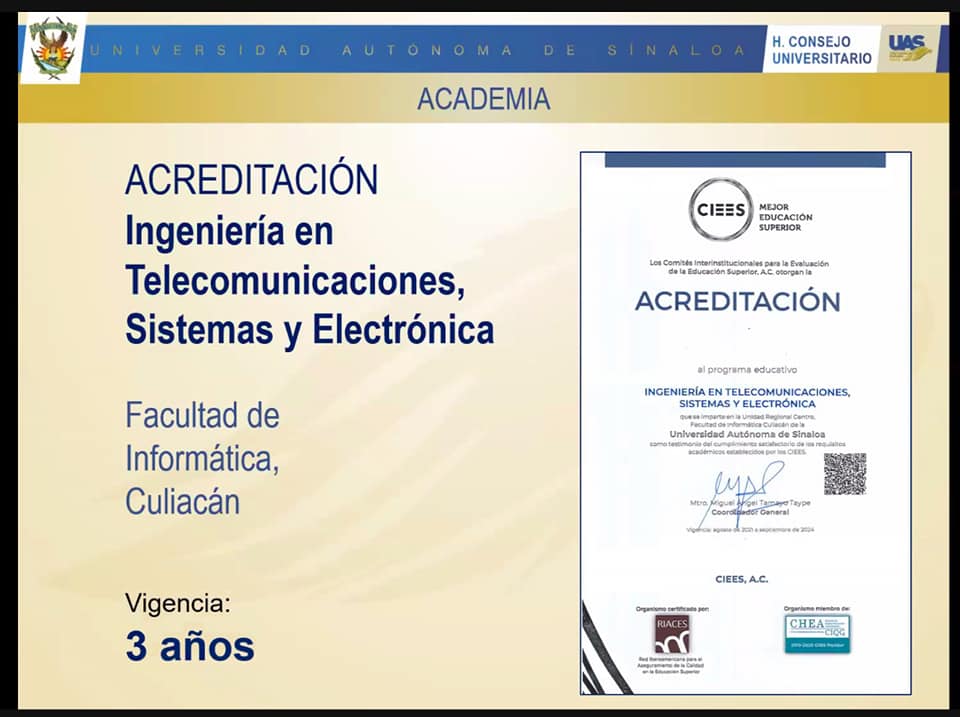 Felicidades a la Ingeniería en Telecomunicaciones, Sistemas y Electrónica por su reciente acreditación