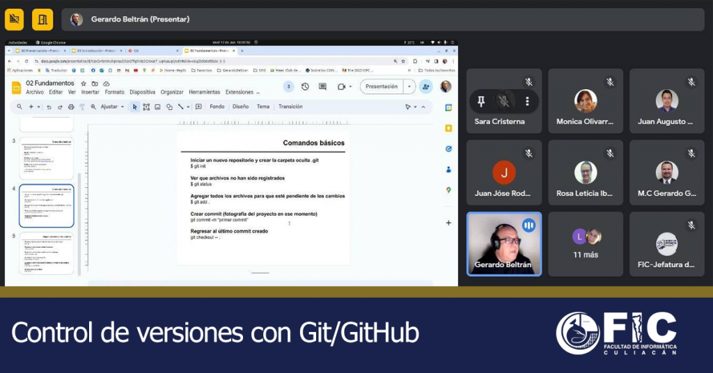 Continúan los cursos en el marco de la Semana de Capacitación docente con el curso de Control de versiones con Git/GitHub impartida por M.C. Gerardo Beltrán Gutiérrez.